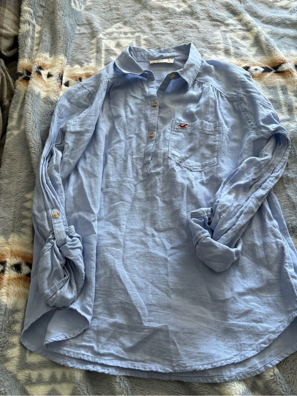Hollister Light Blue Women's Button-Front Blouse with Pocket